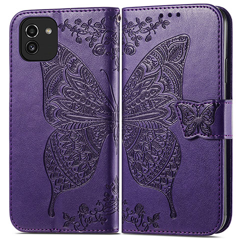 Custodia Portafoglio In Pelle Farfalla Cover con Supporto per Samsung Galaxy A03 Viola