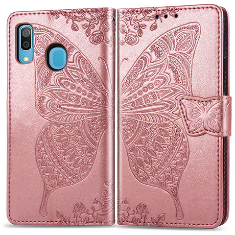 Custodia Portafoglio In Pelle Farfalla Cover con Supporto per Samsung Galaxy A20 Rosa