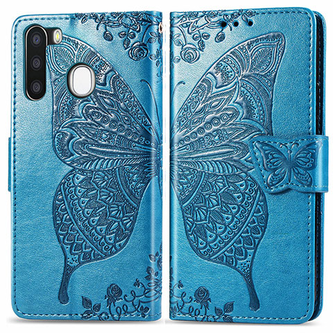 Custodia Portafoglio In Pelle Farfalla Cover con Supporto per Samsung Galaxy A21 European Blu