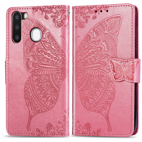 Custodia Portafoglio In Pelle Farfalla Cover con Supporto per Samsung Galaxy A21 European Rosa Caldo