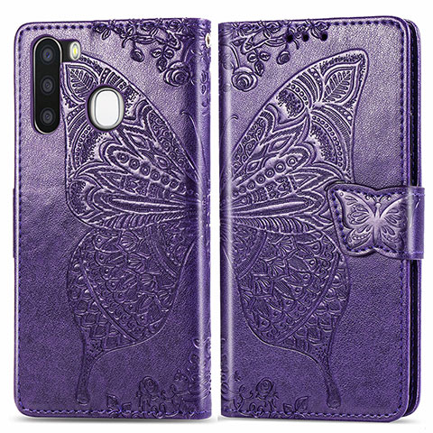 Custodia Portafoglio In Pelle Farfalla Cover con Supporto per Samsung Galaxy A21 European Viola