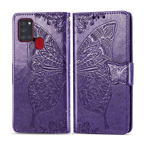 Custodia Portafoglio In Pelle Farfalla Cover con Supporto per Samsung Galaxy A21s Viola