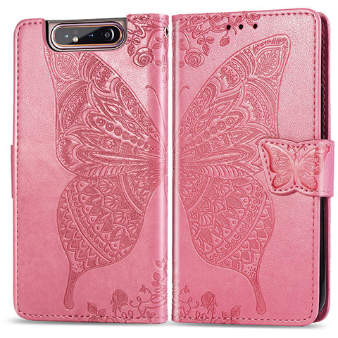 Custodia Portafoglio In Pelle Farfalla Cover con Supporto per Samsung Galaxy A80 Rosa Caldo