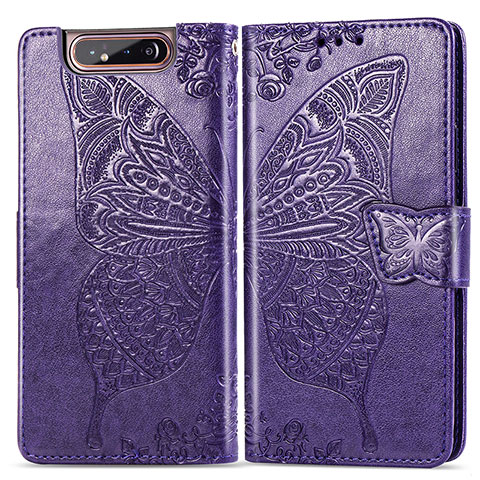 Custodia Portafoglio In Pelle Farfalla Cover con Supporto per Samsung Galaxy A80 Viola