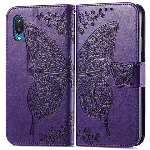 Custodia Portafoglio In Pelle Farfalla Cover con Supporto per Samsung Galaxy M02 Viola