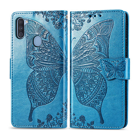 Custodia Portafoglio In Pelle Farfalla Cover con Supporto per Samsung Galaxy M11 Blu