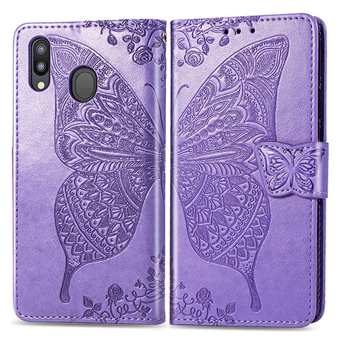 Custodia Portafoglio In Pelle Farfalla Cover con Supporto per Samsung Galaxy M20 Lavanda