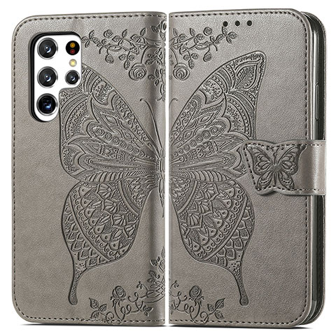 Custodia Portafoglio In Pelle Farfalla Cover con Supporto per Samsung Galaxy S23 Ultra 5G Grigio