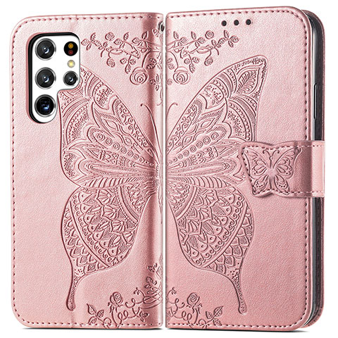 Custodia Portafoglio In Pelle Farfalla Cover con Supporto per Samsung Galaxy S23 Ultra 5G Rosa