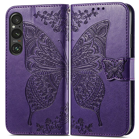 Custodia Portafoglio In Pelle Farfalla Cover con Supporto per Sony Xperia 1 V Viola