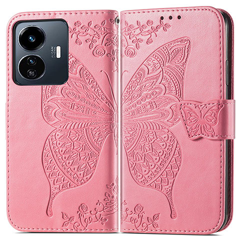 Custodia Portafoglio In Pelle Farfalla Cover con Supporto per Vivo iQOO Z6 Lite 5G Rosa Caldo