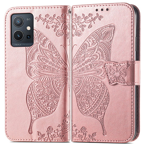 Custodia Portafoglio In Pelle Farfalla Cover con Supporto per Vivo T1 5G India Rosa