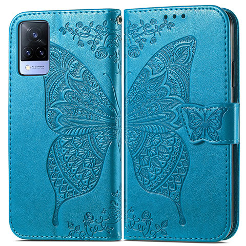 Custodia Portafoglio In Pelle Farfalla Cover con Supporto per Vivo V21s 5G Blu