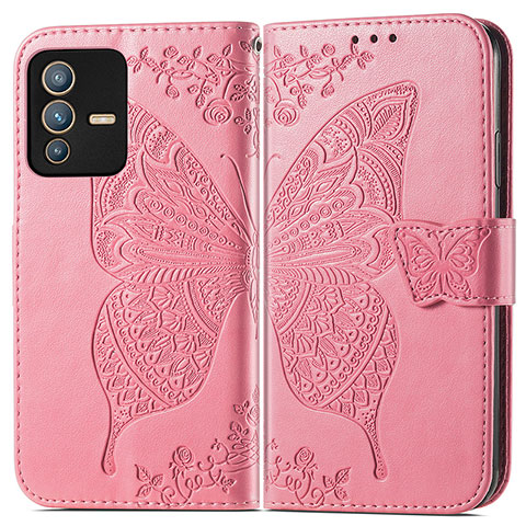 Custodia Portafoglio In Pelle Farfalla Cover con Supporto per Vivo V23 Pro 5G Rosa Caldo