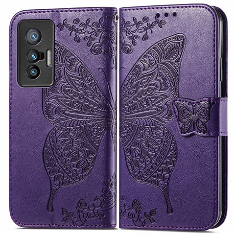 Custodia Portafoglio In Pelle Farfalla Cover con Supporto per Vivo X70t Viola