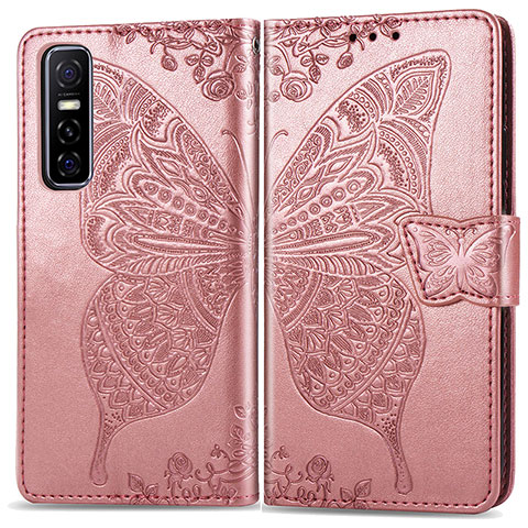 Custodia Portafoglio In Pelle Farfalla Cover con Supporto per Vivo Y73s 5G Rosa