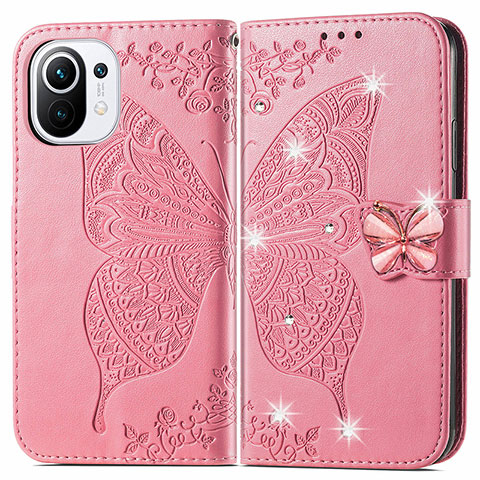 Custodia Portafoglio In Pelle Farfalla Cover con Supporto per Xiaomi Mi 11 Lite 4G Rosa Caldo