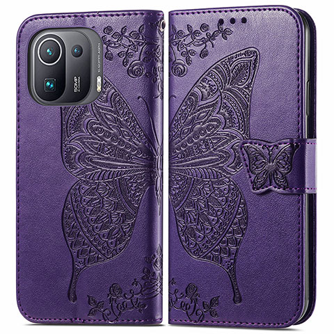 Custodia Portafoglio In Pelle Farfalla Cover con Supporto per Xiaomi Mi 11 Pro 5G Viola