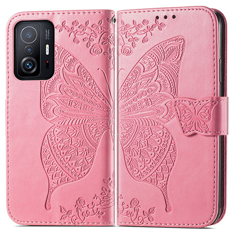 Custodia Portafoglio In Pelle Farfalla Cover con Supporto per Xiaomi Mi 11T 5G Rosa Caldo