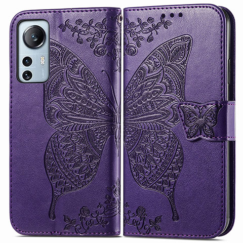 Custodia Portafoglio In Pelle Farfalla Cover con Supporto per Xiaomi Mi 12 5G Viola