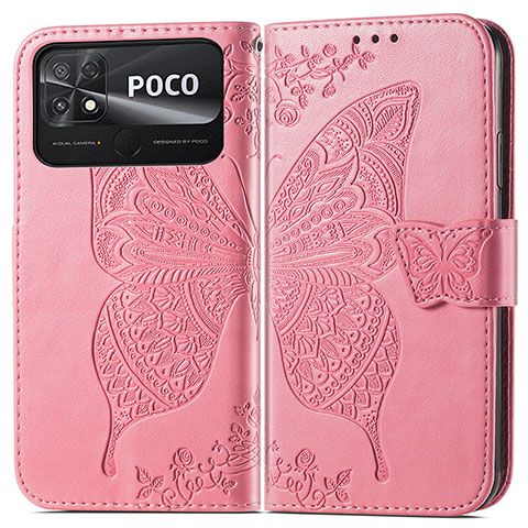 Custodia Portafoglio In Pelle Farfalla Cover con Supporto per Xiaomi Poco C40 Rosa Caldo
