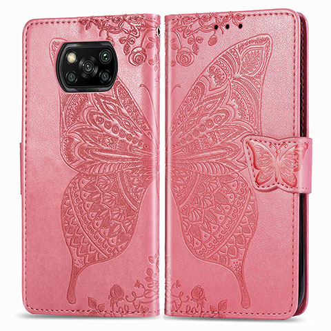 Custodia Portafoglio In Pelle Farfalla Cover con Supporto per Xiaomi Poco X3 NFC Rosa Caldo