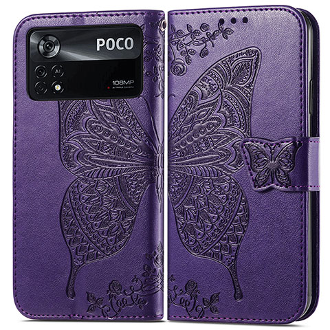 Custodia Portafoglio In Pelle Farfalla Cover con Supporto per Xiaomi Poco X4 Pro 5G Viola