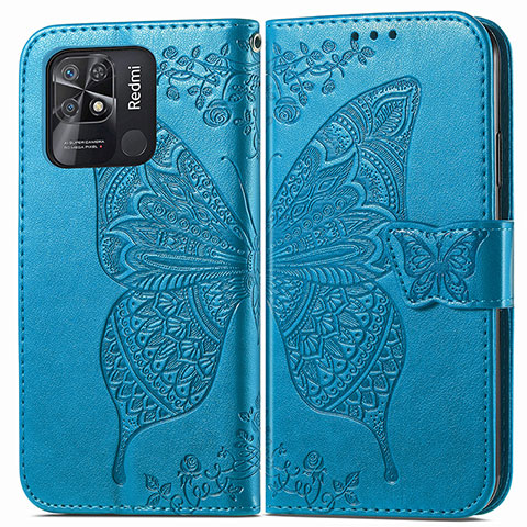 Custodia Portafoglio In Pelle Farfalla Cover con Supporto per Xiaomi Redmi 10 India Blu