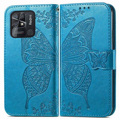 Custodia Portafoglio In Pelle Farfalla Cover con Supporto per Xiaomi Redmi 10C 4G Blu