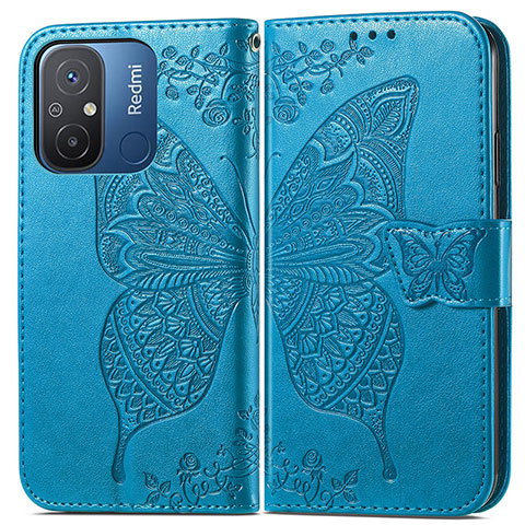 Custodia Portafoglio In Pelle Farfalla Cover con Supporto per Xiaomi Redmi 12C 4G Blu