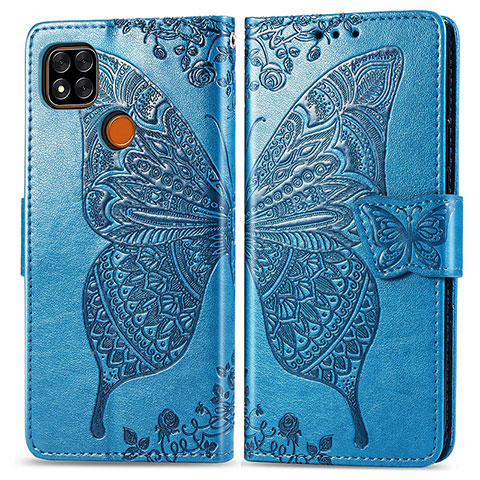 Custodia Portafoglio In Pelle Farfalla Cover con Supporto per Xiaomi Redmi 9 India Blu