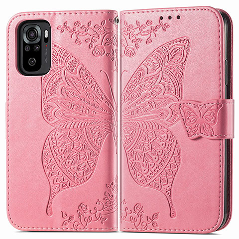 Custodia Portafoglio In Pelle Farfalla Cover con Supporto per Xiaomi Redmi Note 10 4G Rosa Caldo