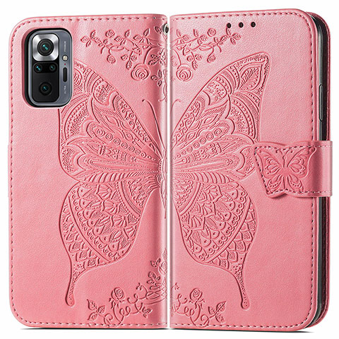 Custodia Portafoglio In Pelle Farfalla Cover con Supporto per Xiaomi Redmi Note 10 Pro 4G Rosa Caldo