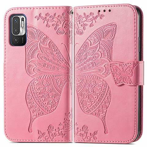 Custodia Portafoglio In Pelle Farfalla Cover con Supporto per Xiaomi Redmi Note 10T 5G Rosa Caldo