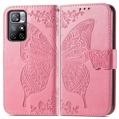 Custodia Portafoglio In Pelle Farfalla Cover con Supporto per Xiaomi Redmi Note 11 5G Rosa Caldo