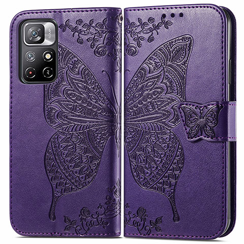 Custodia Portafoglio In Pelle Farfalla Cover con Supporto per Xiaomi Redmi Note 11 5G Viola