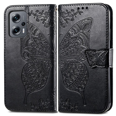 Custodia Portafoglio In Pelle Farfalla Cover con Supporto per Xiaomi Redmi Note 11T Pro 5G Nero