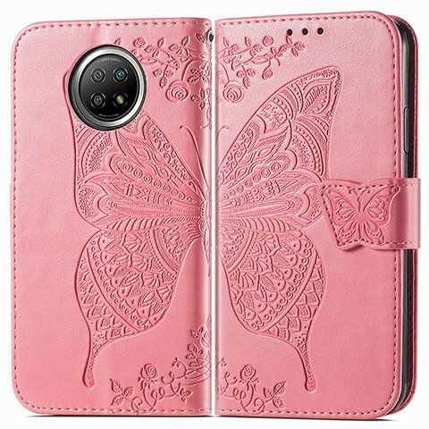 Custodia Portafoglio In Pelle Farfalla Cover con Supporto per Xiaomi Redmi Note 9T 5G Rosa Caldo