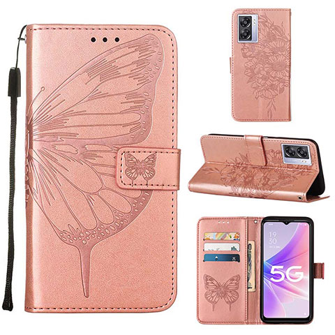 Custodia Portafoglio In Pelle Farfalla Cover con Supporto Y01B per OnePlus Nord N300 5G Oro Rosa