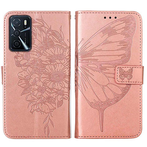 Custodia Portafoglio In Pelle Farfalla Cover con Supporto Y01B per Oppo A16 Oro Rosa