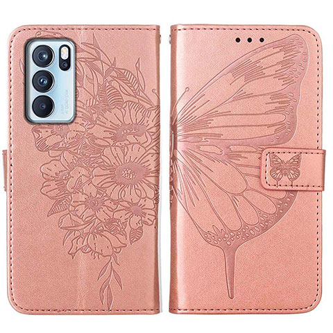 Custodia Portafoglio In Pelle Farfalla Cover con Supporto Y01B per Oppo Reno6 Pro 5G India Oro Rosa