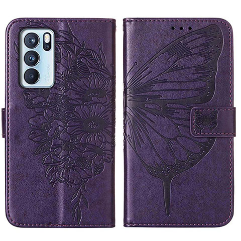 Custodia Portafoglio In Pelle Farfalla Cover con Supporto Y01B per Oppo Reno6 Pro 5G India Viola