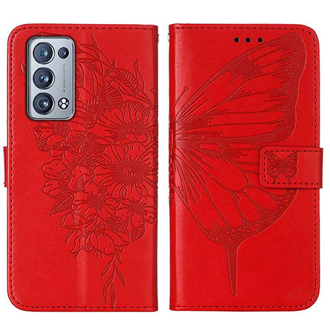 Custodia Portafoglio In Pelle Farfalla Cover con Supporto Y01B per Oppo Reno6 Pro+ Plus 5G Rosso