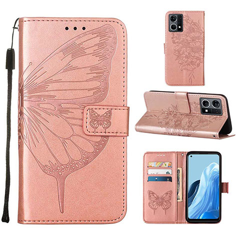 Custodia Portafoglio In Pelle Farfalla Cover con Supporto Y01B per Oppo Reno8 4G Oro Rosa