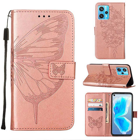 Custodia Portafoglio In Pelle Farfalla Cover con Supporto Y01B per Realme 9 4G Oro Rosa