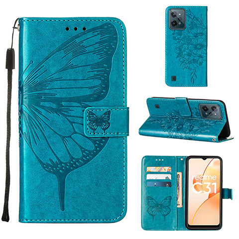 Custodia Portafoglio In Pelle Farfalla Cover con Supporto Y01B per Realme C31 Blu