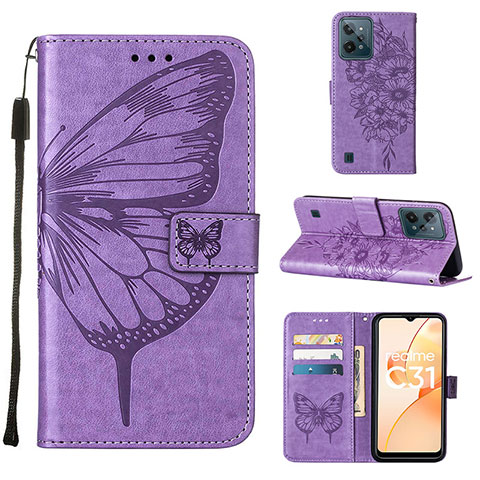 Custodia Portafoglio In Pelle Farfalla Cover con Supporto Y01B per Realme C31 Lavanda