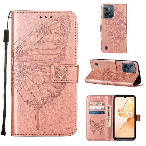 Custodia Portafoglio In Pelle Farfalla Cover con Supporto Y01B per Realme C31 Oro Rosa