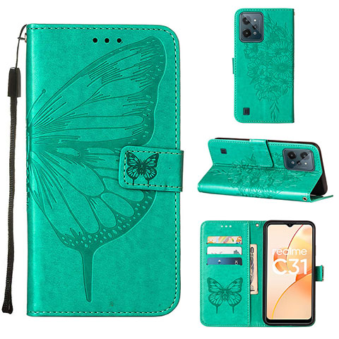 Custodia Portafoglio In Pelle Farfalla Cover con Supporto Y01B per Realme C31 Verde