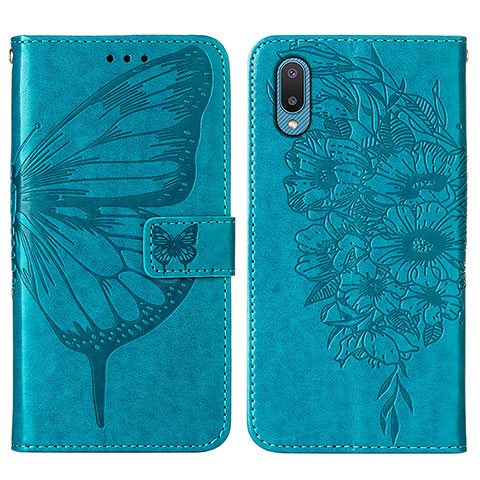 Custodia Portafoglio In Pelle Farfalla Cover con Supporto Y01B per Samsung Galaxy A02 Blu